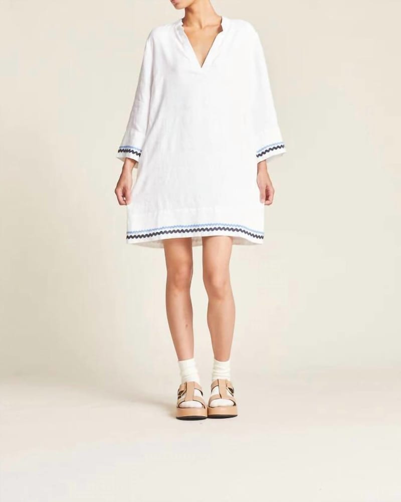 Front of a model wearing a size L Lucca Shift Dress in White W/ Ric Rac in White W/ Ric Rac by TROVATA. | dia_product_style_image_id:336988